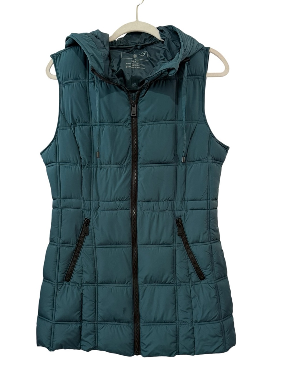 Bernardo Small Teal Hooded Long Puffer Vest EcoPlume Quilted Zip Pockets